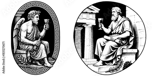Ancient Wine Philosopher Vector Emblems, Classical Greek Engraving Logos, Vintage Winery Symbol Set