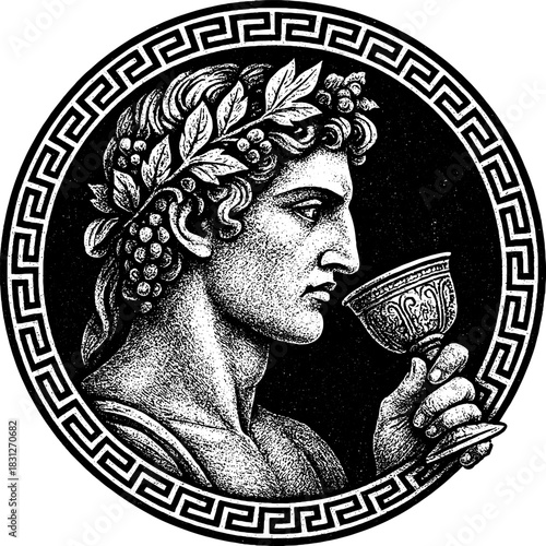 Dionysus Wine God Vector Emblem, Classical Greek Engraving Logo, Bacchus Drinking Cup Symbol Design