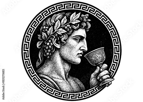 Dionysus Wine God Vector Emblem, Classical Greek Engraving Logo, Bacchus Drinking Cup Symbol Design