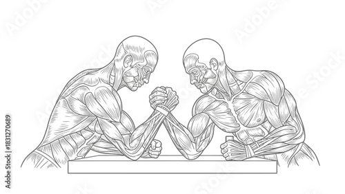 Anatomical illustration of two muscular figures with exposed muscles engaged in an arm wrestling match.