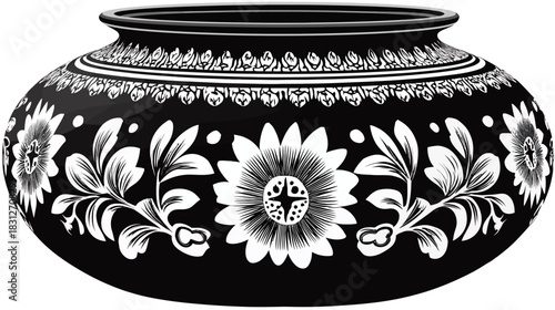 Traditional Black Pot with Intricate White Floral and Geometric Patterns, Decorative Ceramic Earthenware, Folk Art Illustration