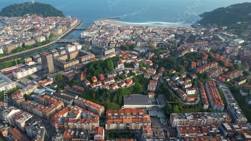 Aerial panoramic view above the city San Sebastián in Spain on a sunny spring day. 