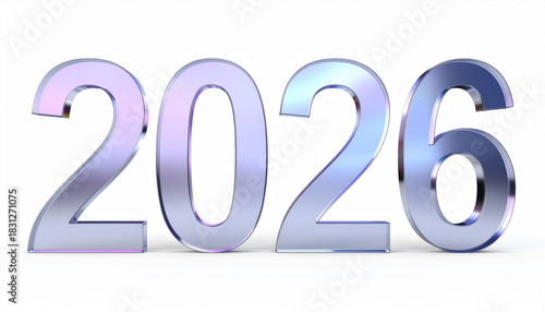 Shiny metallic 2026 numbers on white background with reflective blue and purple highlights conveying modern celebration and new year optimism