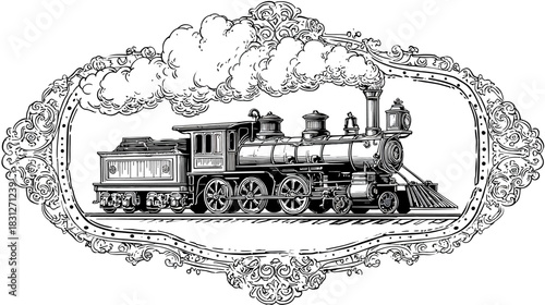 Vintage Steam Locomotive Engraving in Ornate Decorative Frame - Old Train Transport Illustration with Billowing Smoke