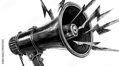 Hand-drawn distressed black and white megaphone illustration with electric sound waves, symbolizing announcement, protest, and communication.