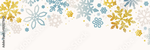 金箔風と淡色の雪の結晶フレーム背景・冬・クリスマス・年賀状・バナー素材