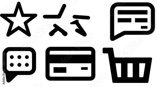 Set of essential user interface web icons for e-commerce, digital communication, and app navigation including star, chat, payment, and shopping cart.