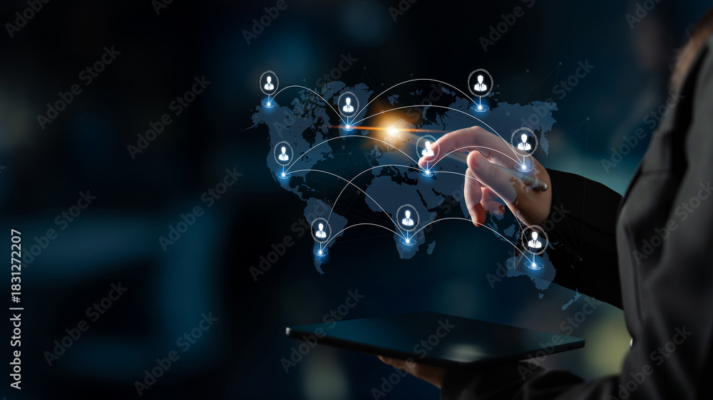 Fototapeta premium Concept of a global workforce and remote team collaboration. This international network represents professional human resources and social community connections across the world. Fermion