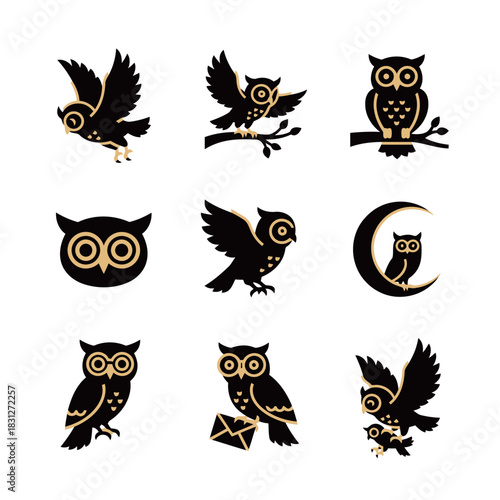 Elegant set of nine black and gold owl icons in different poses, including flying, sitting on a branch, and holding a letter.