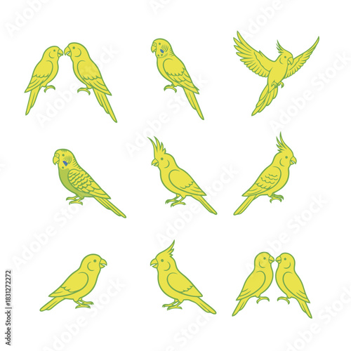 Nine bright yellow outline icons of popular pet birds like budgerigars and cockatiels in various poses vector set.