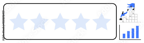 Five-star rating icon, team stacking blocks with a leader holding a flag, and a growth bar chart. Ideal for teamwork, leadership, achievement, growth, rating, business success simple flat metaphor