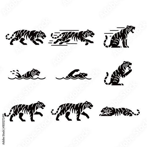 Dynamic set of nine black tiger silhouette icons in various actions, including running, swimming, roaring, and resting.