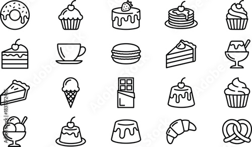 Collection of outline icons representing various desserts, sweet bakery products, and hot drinks like coffee, perfect for cafe menus, culinary websites, and simple graphic design elements.