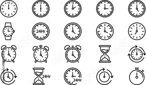 Collection of outline icons representing various time concepts, analog clocks, hourglasses, timers, and alarm clocks, useful for scheduling, deadline management, and business projects.