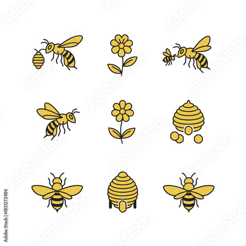 Nine yellow bee and flower outline icons, featuring honeycomb, beehive, and pollen collection vector set.