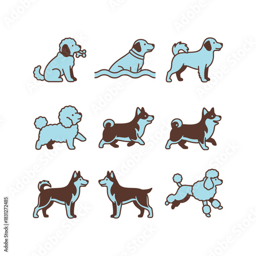 Set of nine line art dog icons in brown and blue, featuring different breeds like poodle and husky in various actions.