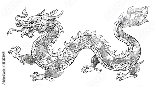 Elegant hand-drawn Asian mythical dragon illustration in a monochrome sketch style, representing ancient legend, power, and cultural symbolism.