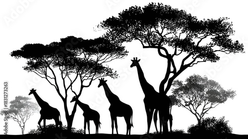 Majestic giraffes and acacia trees in silhouette, depicting African savannah wildlife and a serene safari landscape