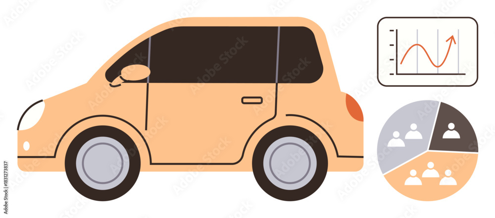 Naklejka premium Orange compact car next to a line graph and pie chart. Ideal for transportation, fleet management, market trends, data analysis, cost saving, mobility, teamwork. Simple flat metaphor