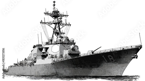Modern military destroyer warship illustration. Grayscale naval vessel drawing, isolated on white. Sea defense and maritime power concept.