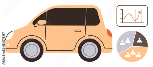 Orange compact car next to a line graph and pie chart. Ideal for transportation, fleet management, market trends, data analysis, cost saving, mobility, teamwork. Simple flat metaphor