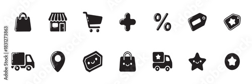 Ecommerce Glyph Icons Collection, Product, Discount, Offer, Sale, Free Shipping, Delivery, Map Pin, Return, Customer Support, Black Silhouette Vector Illustrations