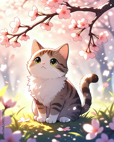 Illustration jeunesse d'un petit chat kawaii dehors, dans la nature