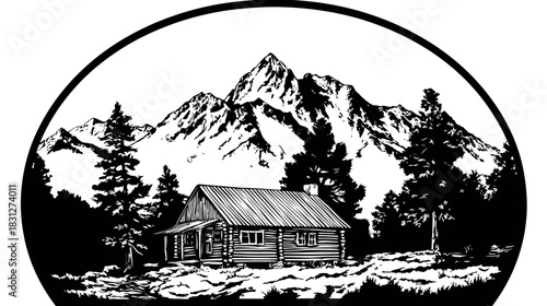 Rustic log cabin in a mountain forest landscape, hand-drawn black and white vintage style illustration, nature wilderness retreat