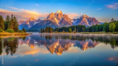 A serene lake with Grand Teton mountain reflected in its calm waters at dawn