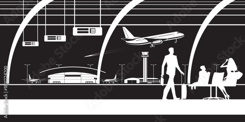 Passengers watch a plane take off from the airport terminal - vector illustration