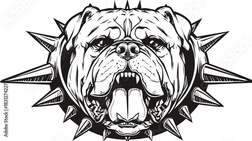 Aggressive bulldog head vector illustration with bared teeth, open mouth, tongue, and spiked collar. Fierce dog mascot graphic.