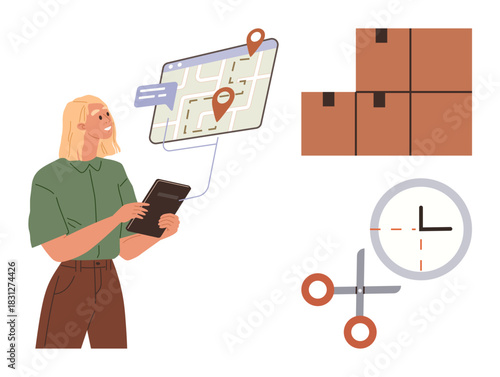 Woman checking tablet with route map, red markers, stack of boxes, and clock representing delivery schedule. Ideal for logistics, time management, e-commerce, planning, technology use organization