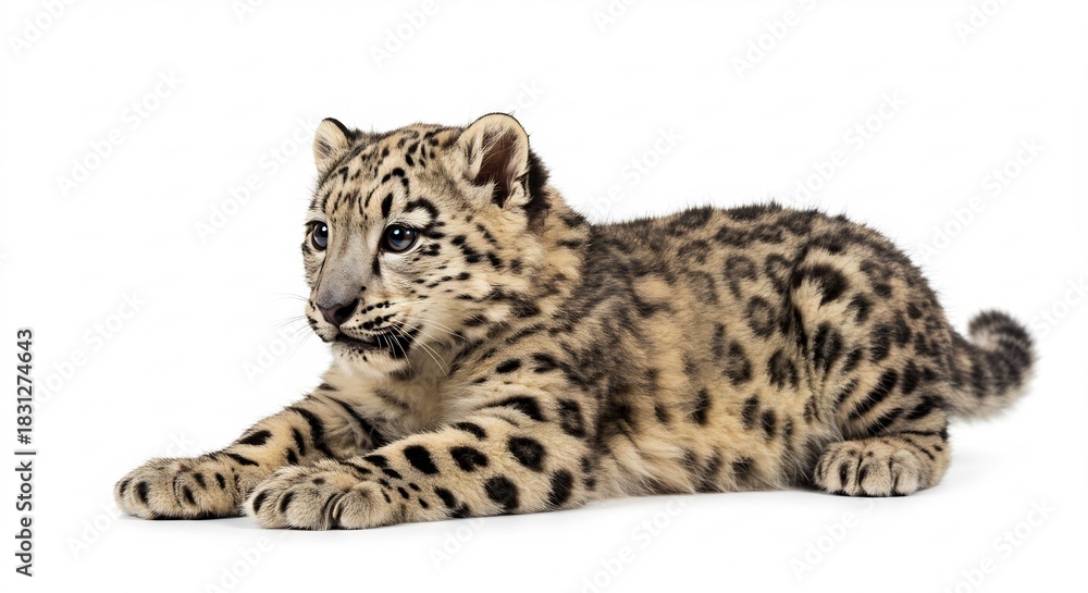 Obraz premium 柔らかな光に包まれ純白の背景でくつろぐ愛らしいユキヒョウの赤ちゃん繊細な毛並みの斑点模様が際立ち穏やかな表情で自然の美しさを伝える. AI Generated