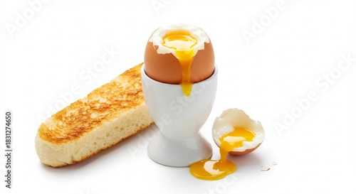 純白の背景で明るく輝く半熟卵から黄金色の黄身がとろりと流れ出し香ばしいトーストが食欲を刺激する朝食風景. AI Generated