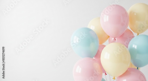 柔らかな光が満ちる明るく広々とした空間にピンク水色黄色など優しい色合いのパステル風船がふわりと軽やかに浮かぶ誕生日祝いや記念日にぴったりの清潔感ある背景. AI Generated
