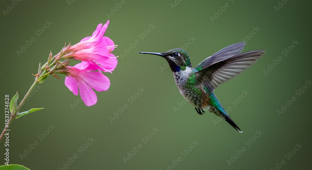 Obraz premium 輝く緑の体と白い斑点を持つ小さなハチドリが柔らかな自然光に包まれ熱帯の鮮やかなピンクの花へと軽やかに舞い上がり蜜を求めて優雅にホバリングする奇跡の瞬間. AI Generated