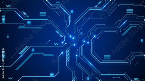 Blue circuitry layout displaying futuristic electronic board elements.