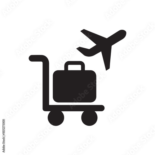 Vector illustration of travel concept with luggage on a trolley and an airplane taking off against a white background silhouette