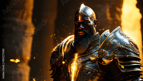 Mighty Warrior in Armor Standing Amongst Flames