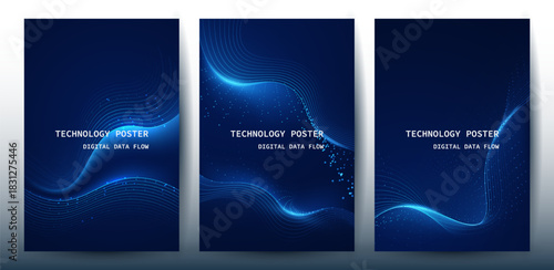 Technology Banner Poster set. Futuristic digital data wave glowing lines. Data science concept tech banner, corporate business presentation or booklet technology