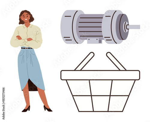 Woman standing confidently near an industrial motor and a shopping basket. Ideal for technological innovation, industrial solutions, retail, marketing, e-commerce, manufacturing, professional roles