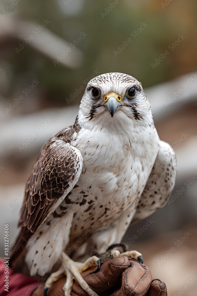 Obraz premium CLOSE UP PORTRAIT OF WHITE FALCON LOOKING DIRECTLY AT CAMERA WHILE PERCHED ON HANDLER GLOVE FOR WILDLIFE CONSERVATION AND AVIAN PREDATOR CONCEPT
