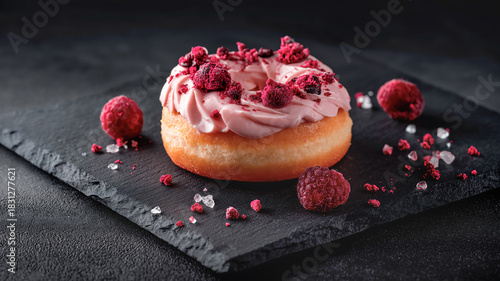 Raspberry Cheesecake Donut. Close-up of a golden, fried donut, generously topped with a swirl of creamy pink icing and raspberries