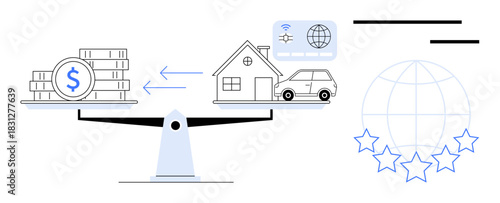 Scale balancing money stacks against a house and car, arrows indicate transactions. Ideal for finance, real estate, investment, budget, savings, economy valuation themes. Simple flat metaphor