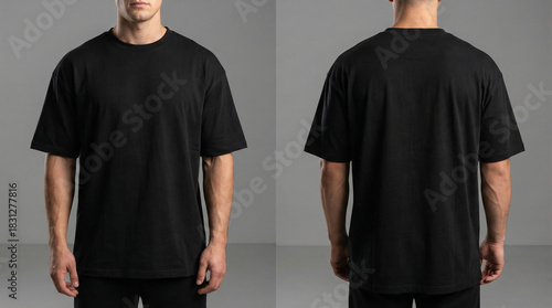 Front and Back View of a Classic Black T-Shirt on a Neutral Background