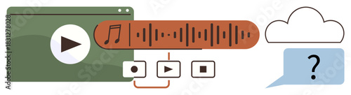 Media player interface with play, pause, stop buttons, sound wave, cloud icon, query speech bubble. Ideal for streaming, cloud storage, technology multimedia communication digital content simple
