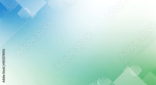 A clean abstract background featuring a diagonal gradient transitioning from blue to green, accented with faint geometric squares and hexagons around a central white copy space.
