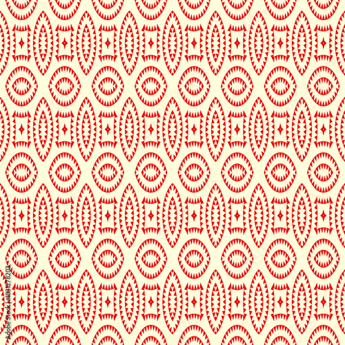 Seamless pattern. Ovals, checks ornament. Rings background. Embroidery wallpaper. Mosaics motif. Geometrical backdrop. Triangle shapes digital paper. Figures web designing. Ethnic textile print.