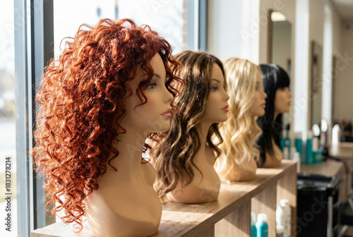Stylish Wig Display at Hair Salon Mannequin Heads Showcase Trendy Hairstyles