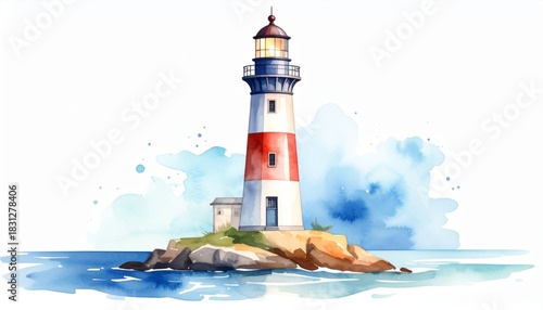 watercolor lighthouse by the sea minimal style 